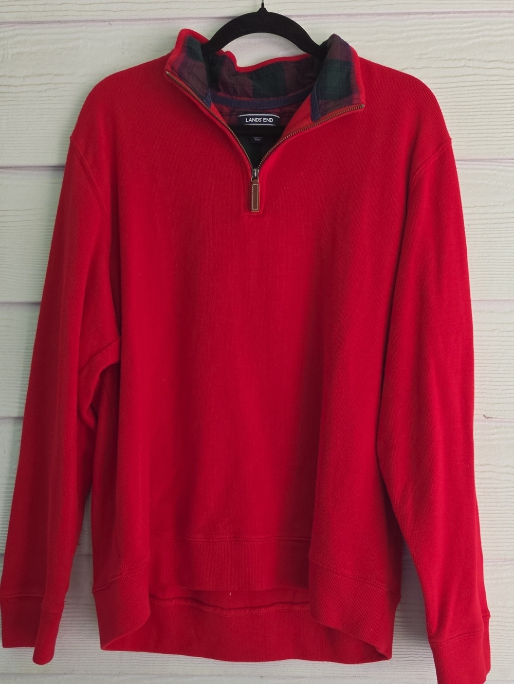 Lands' End Men's Red Quarter-Zip Sweater with Tartan Trim